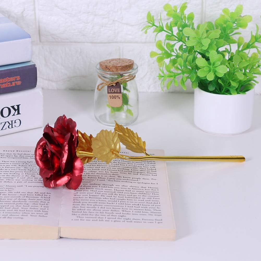 24K Gold Foil Artificial Rose with Base Romantic Gift & Home Décor (Red)
