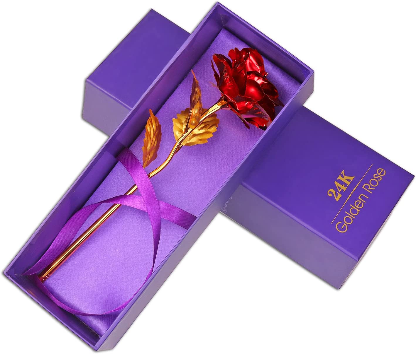 24K Gold Foil Artificial Rose with Base Romantic Gift & Home Décor (Red)