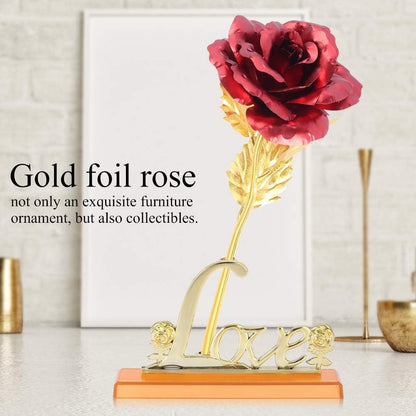 24K Gold Foil Artificial Rose with Base Romantic Gift & Home Décor (Red)