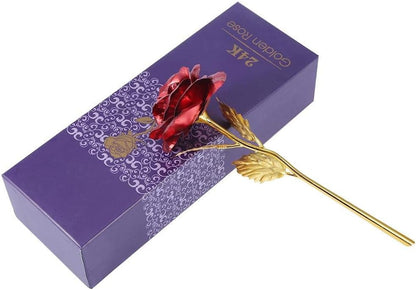 24K Gold Foil Artificial Rose with Base Romantic Gift & Home Décor (Red)
