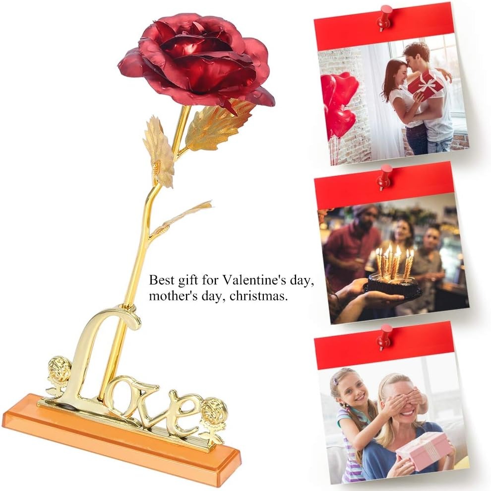 24K Gold Foil Artificial Rose with Base Romantic Gift & Home Décor (Red)